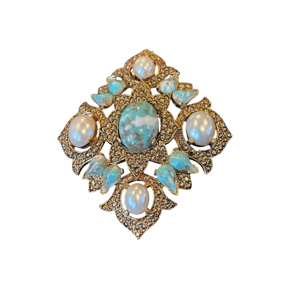 Turquoise Pearl Maltese Cross Brooch Pendant Sarah Coventry Gold Tone Pin - Picture 9 of 11